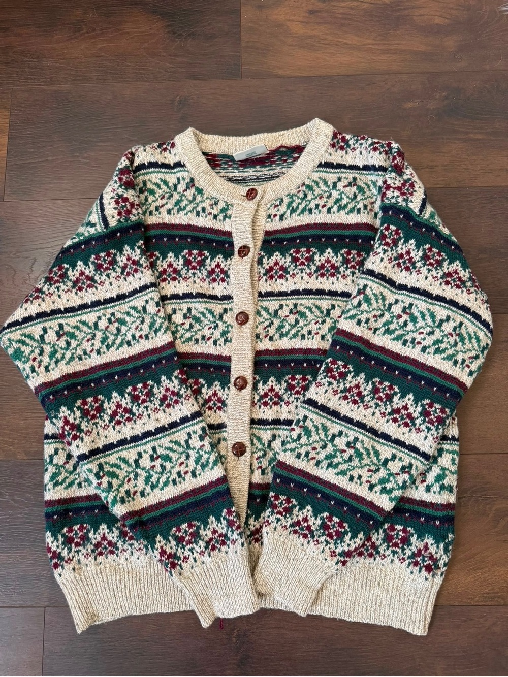 Northern Reflections Cream Fair Isle Cardigan with Green & Burgundy Accents